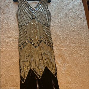 Gold and Black Beaded Fringe Midi Dress
